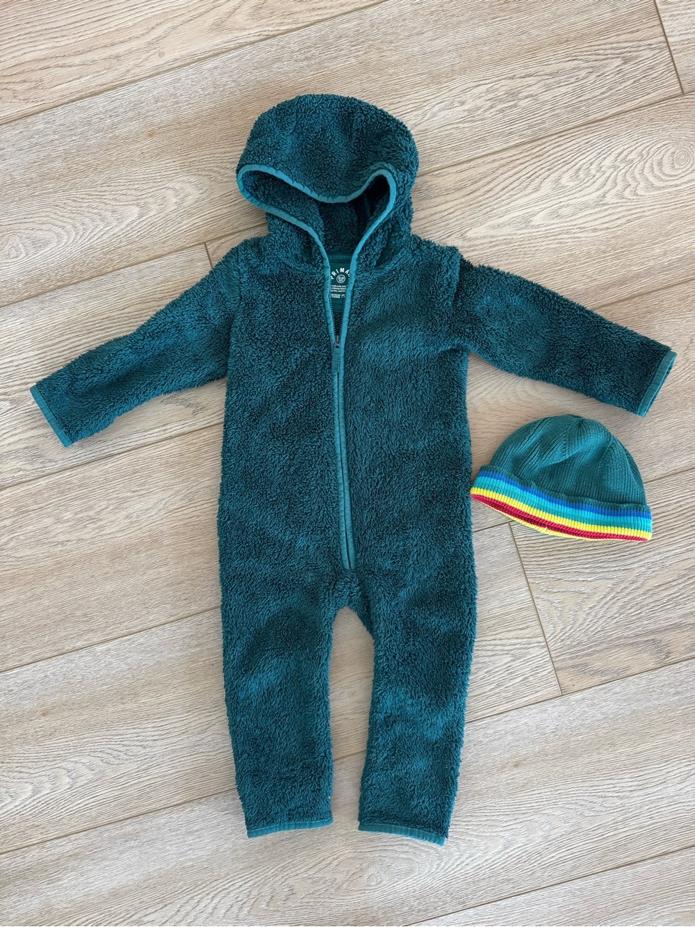 Primary Teal Plush Hooded One-Piece with Rainbow Trim Knit Hat